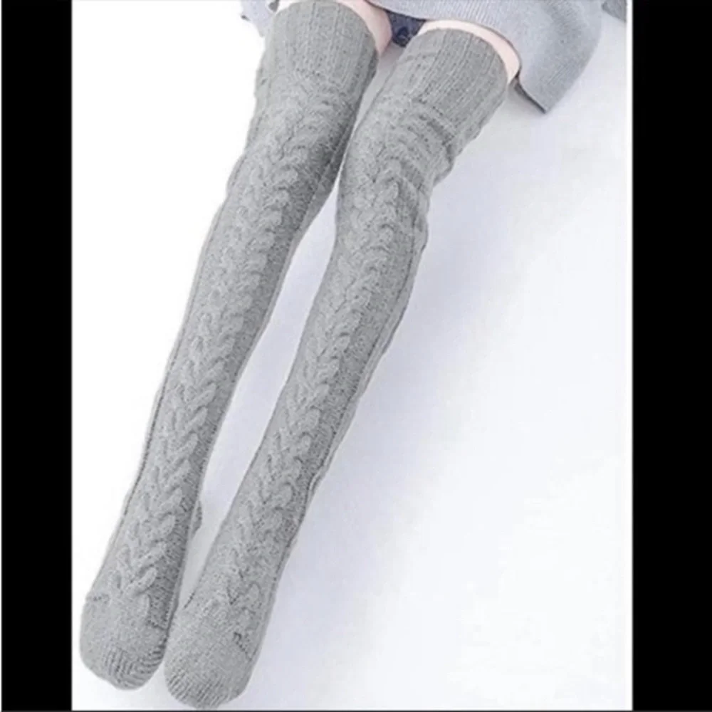 Over the knee gray cable knit socks stockings